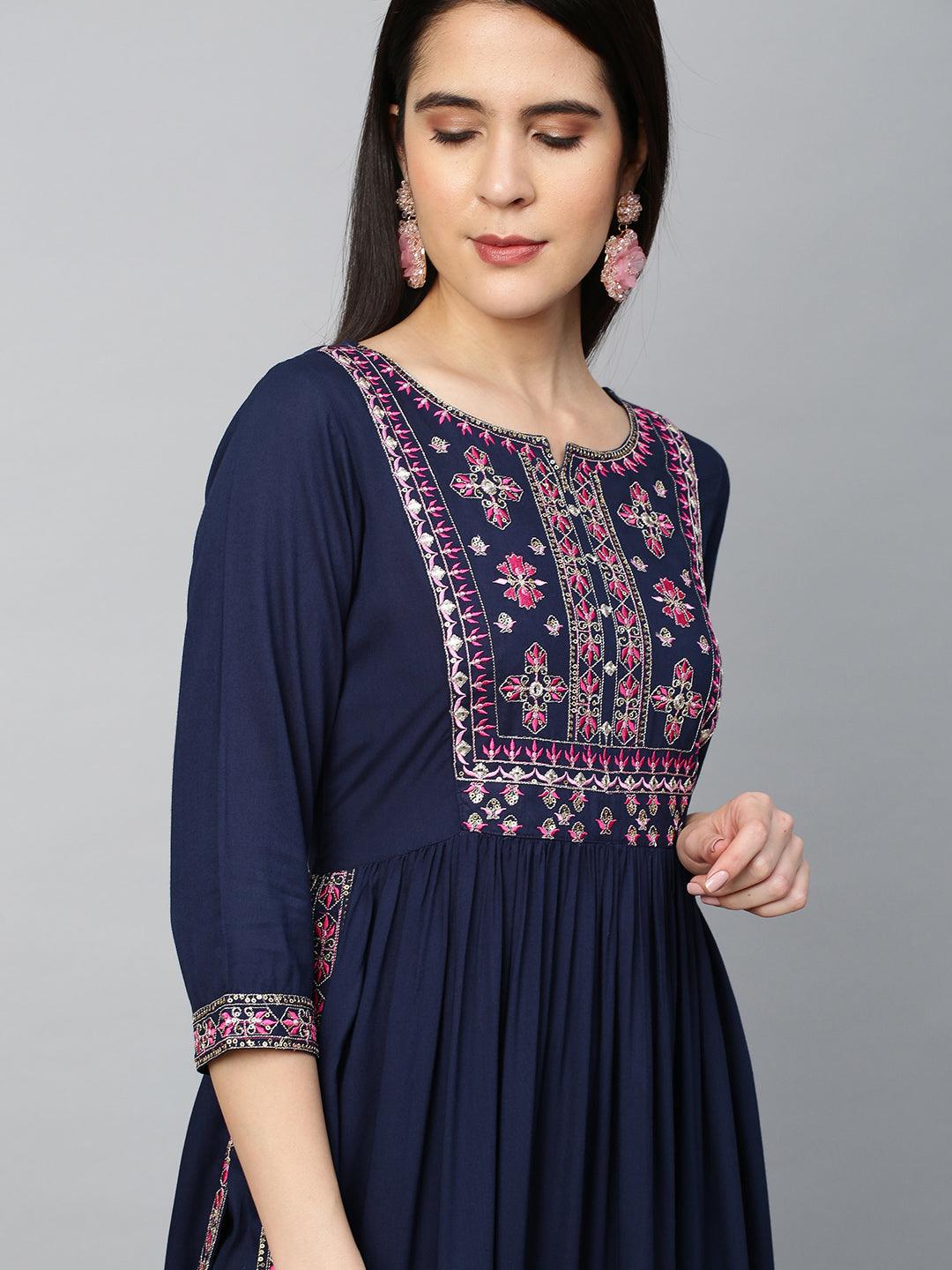 Ethnic Embroidered Kurta with Pant - Navy Blue - Indiakreations