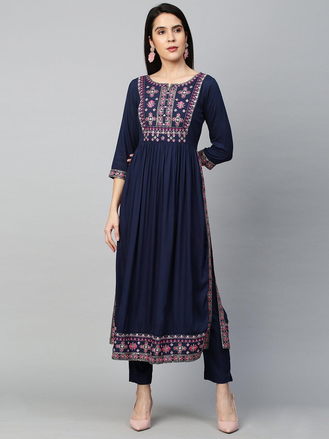 Ethnic Embroidered Kurta with Pant - Navy Blue - Indiakreations