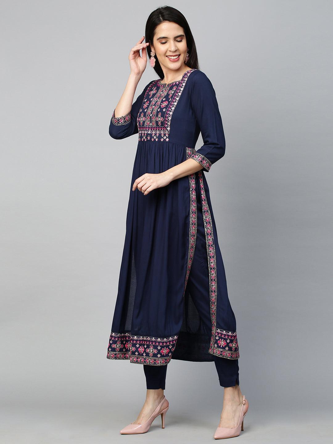 Ethnic Embroidered Kurta with Pant - Navy Blue - Indiakreations