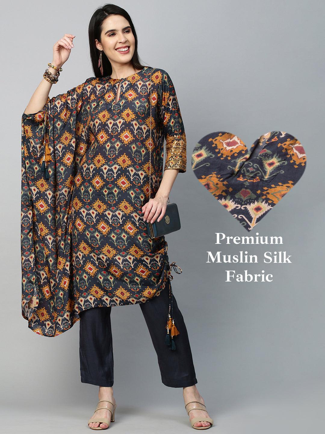 Ikat Printed Fusion Kurta with Pant - Navy Blue - Indiakreations