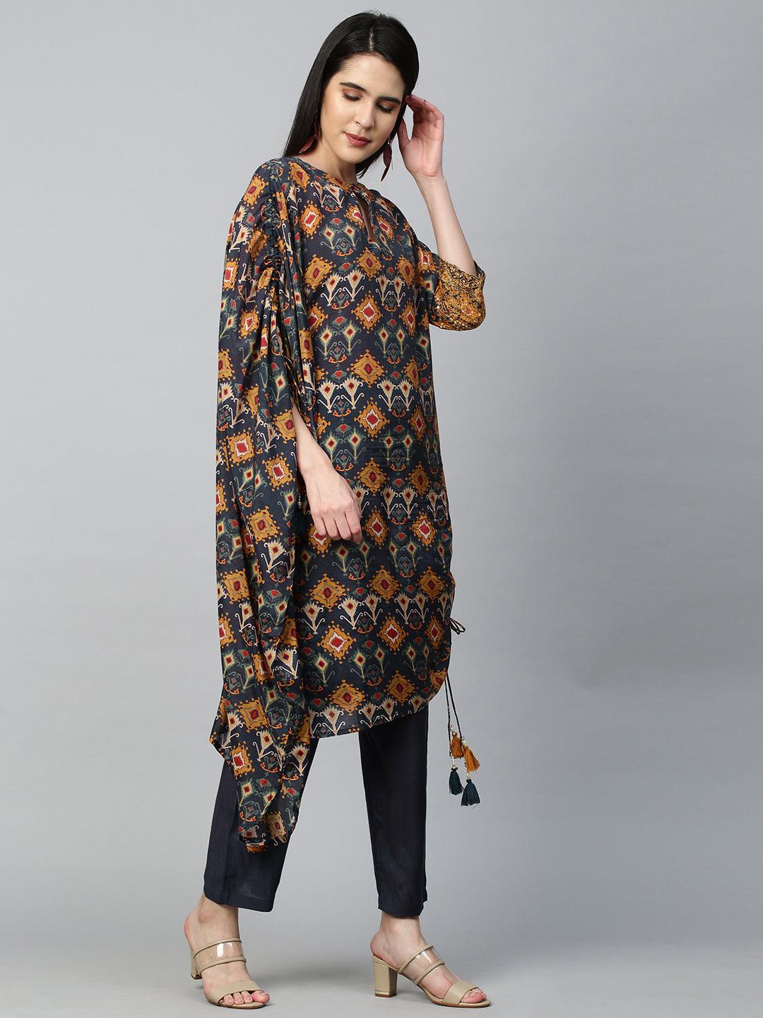 Ikat Printed Fusion Kurta with Pant - Navy Blue - Indiakreations