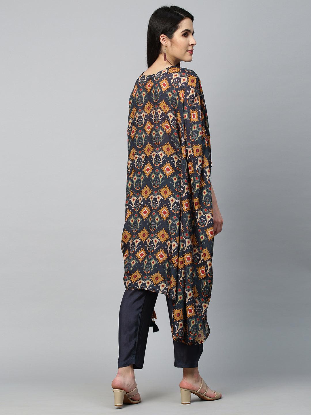 Ikat Printed Fusion Kurta with Pant - Navy Blue - Indiakreations