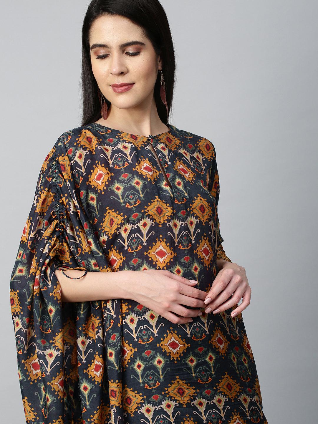 Ikat Printed Fusion Kurta with Pant - Navy Blue - Indiakreations