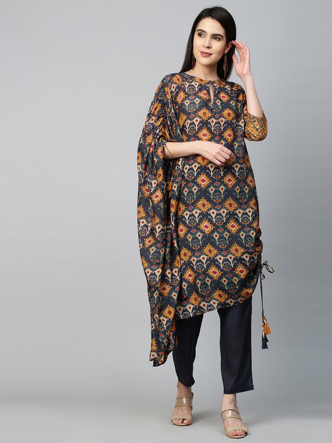 Ikat Printed Fusion Kurta with Pant - Navy Blue - Indiakreations