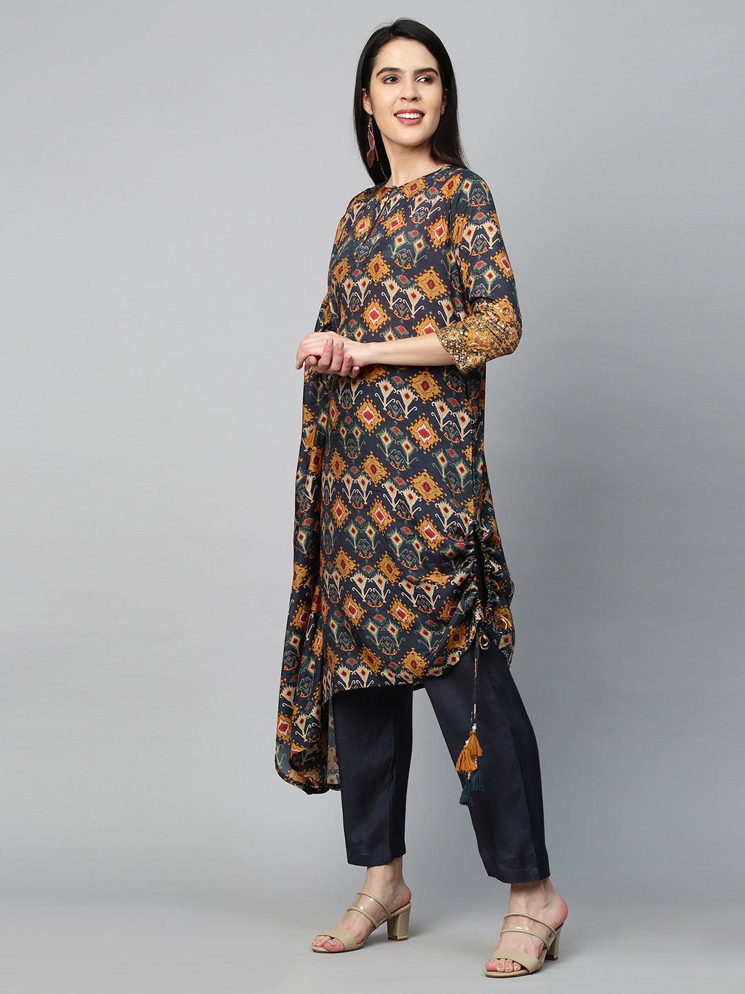 Ikat Printed Fusion Kurta with Pant - Navy Blue - Indiakreations