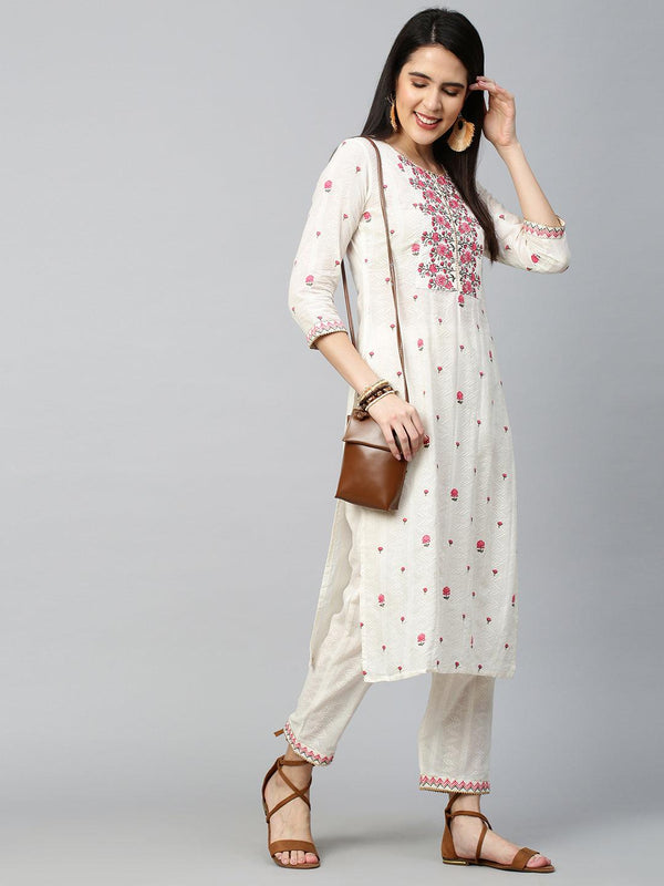 Floral Embroidered Kurta with Pant - Off White - Indiakreations