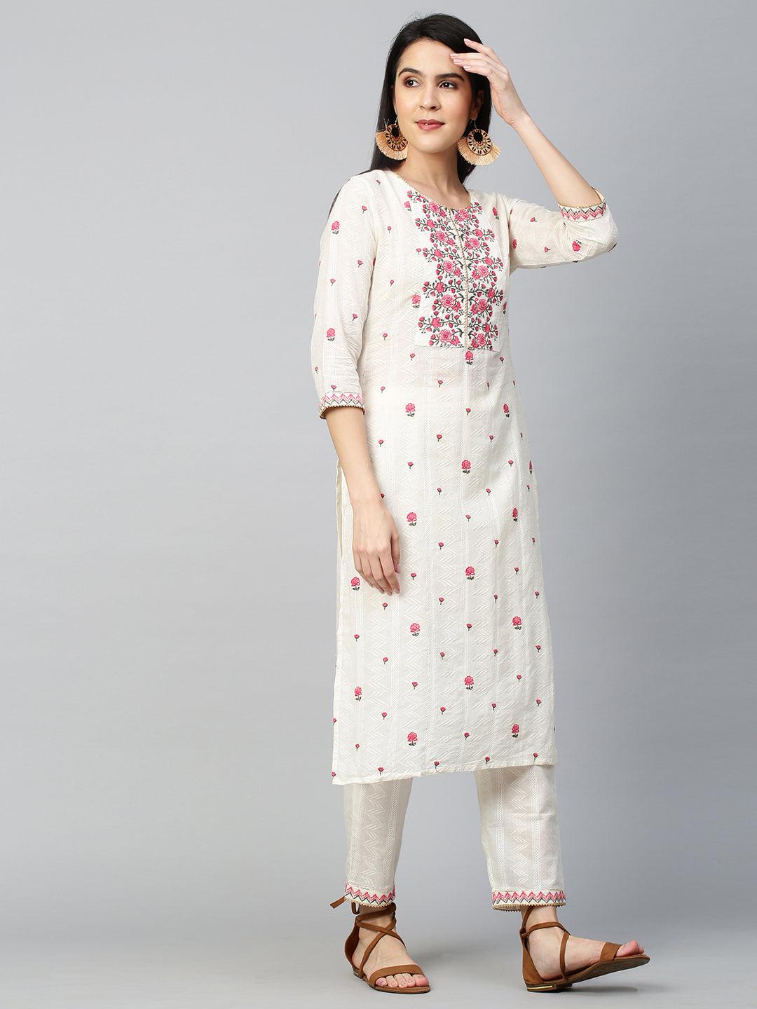 Floral Embroidered Kurta with Pant - Off White - Indiakreations