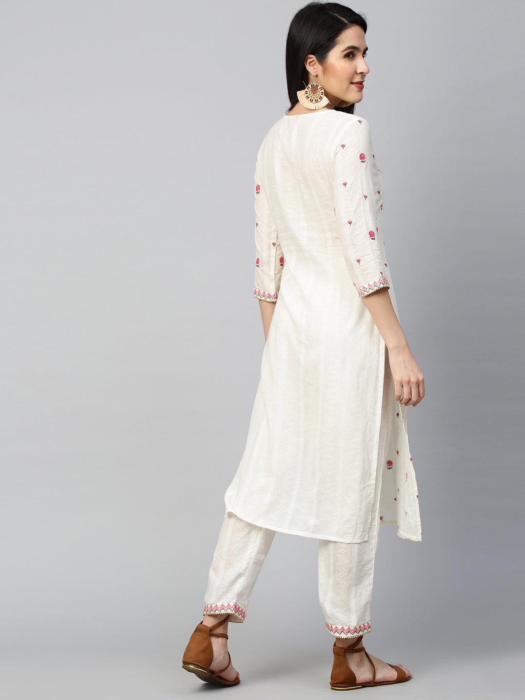 Floral Embroidered Kurta with Pant - Off White - Indiakreations