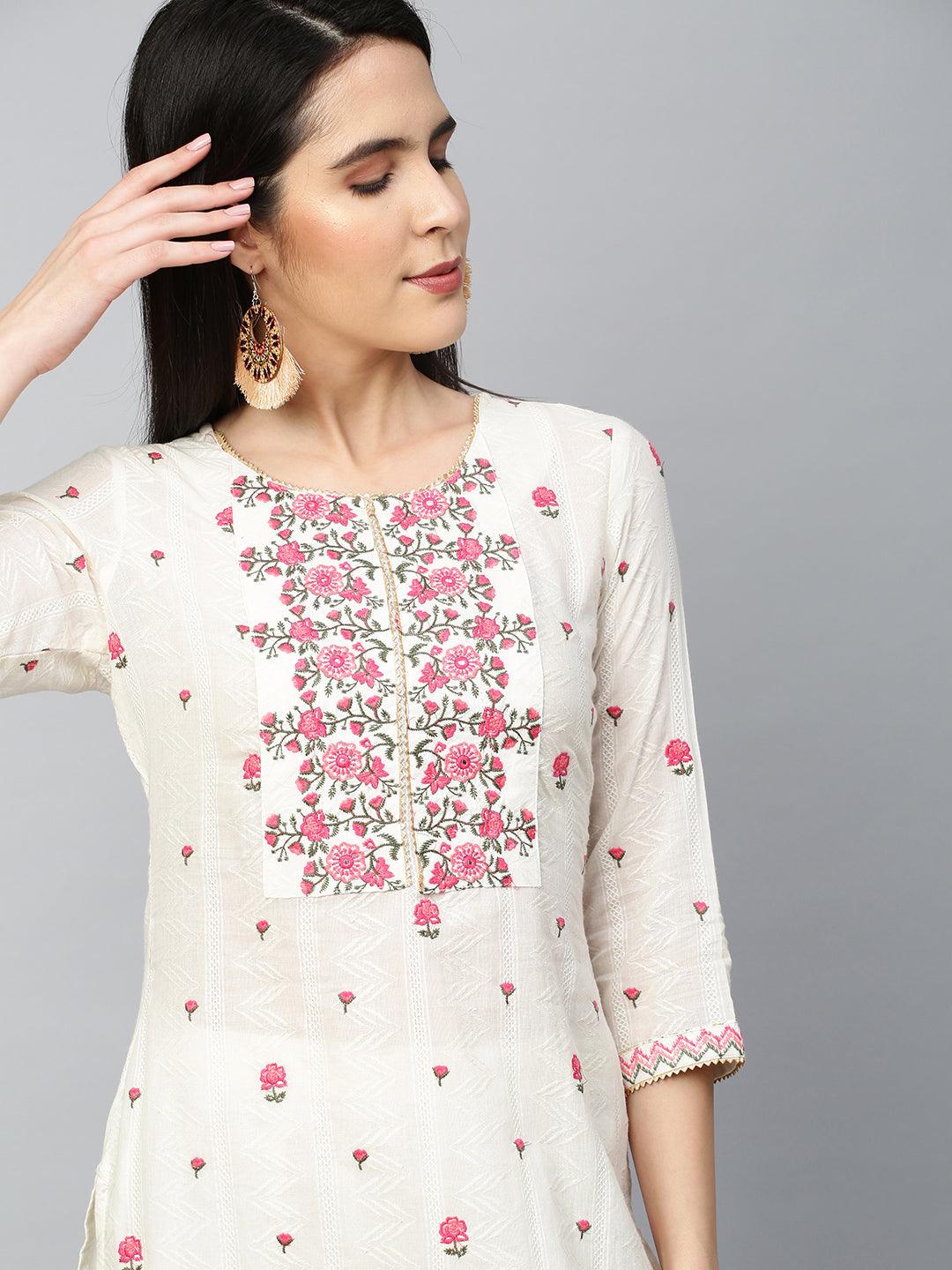 Floral Embroidered Kurta with Pant - Off White - Indiakreations