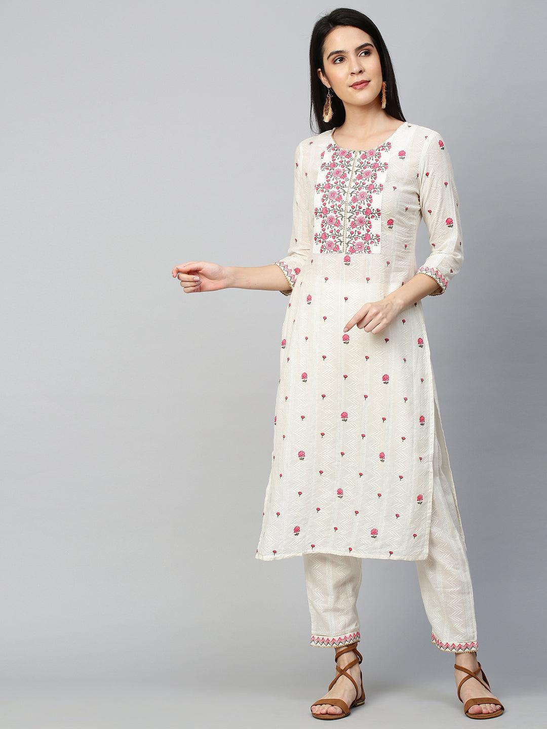 Floral Embroidered Kurta with Pant - Off White - Indiakreations