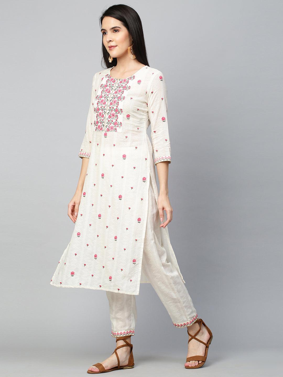 Floral Embroidered Kurta with Pant - Off White - Indiakreations