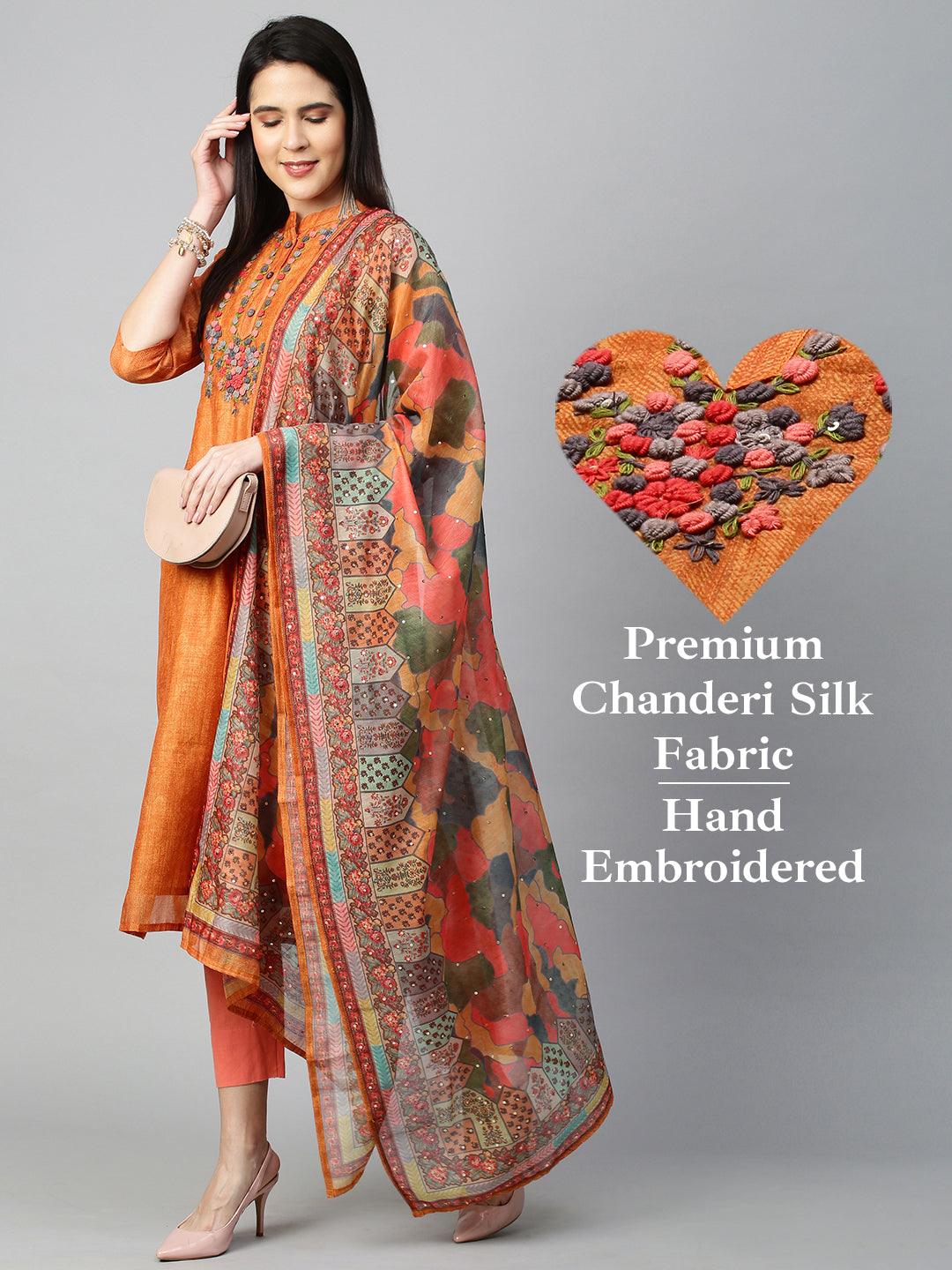 Floral Embroidered & Printed Kurta with Dupatta - Ochre Yellow - Indiakreations