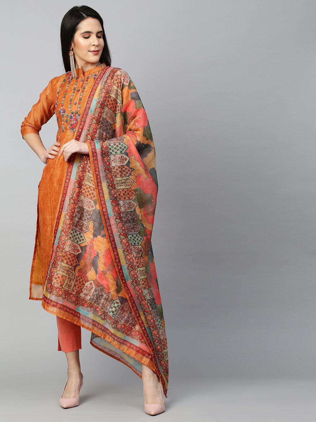 Floral Embroidered & Printed Kurta with Dupatta - Ochre Yellow - Indiakreations