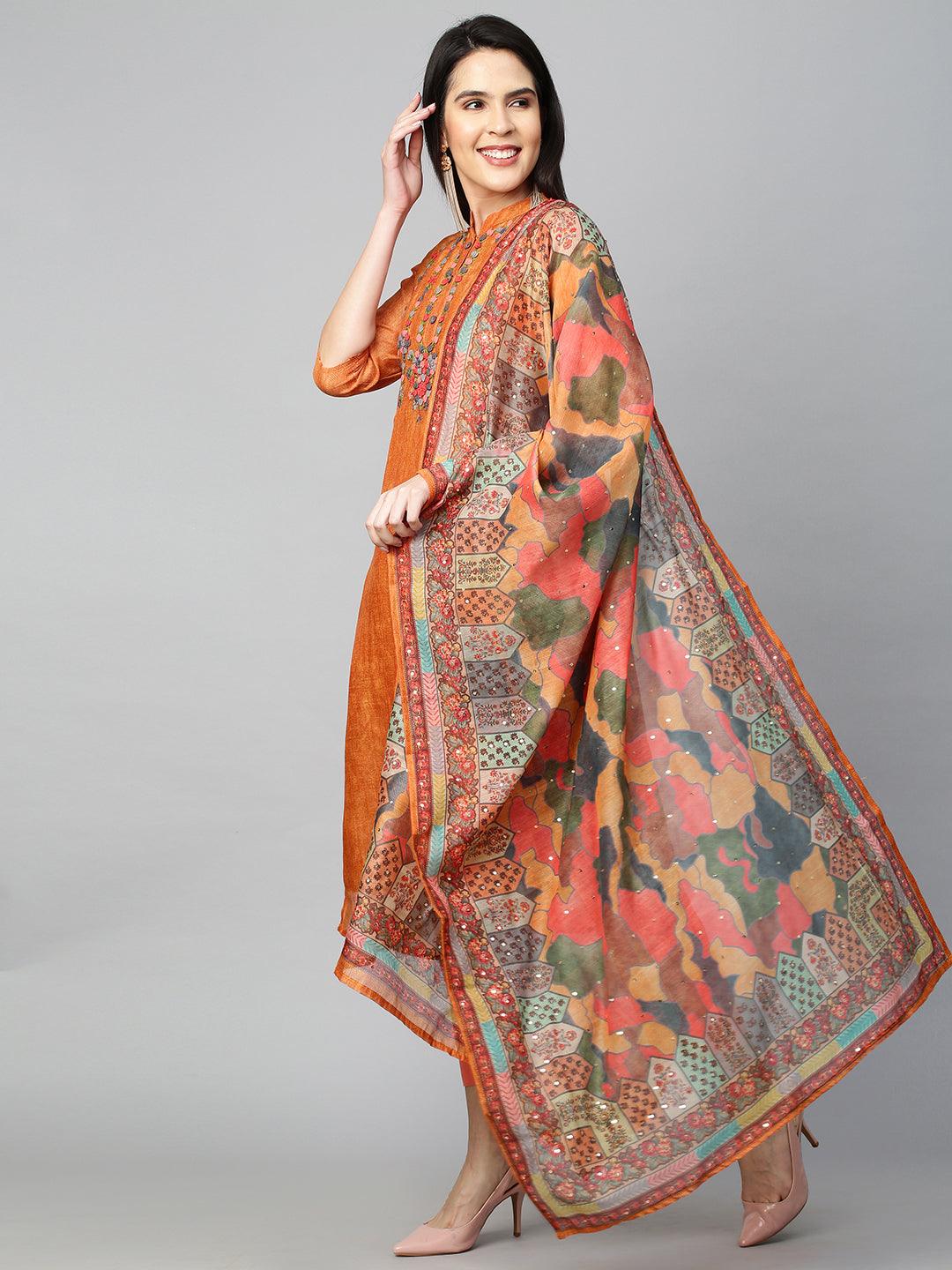 Floral Embroidered & Printed Kurta with Dupatta - Ochre Yellow - Indiakreations