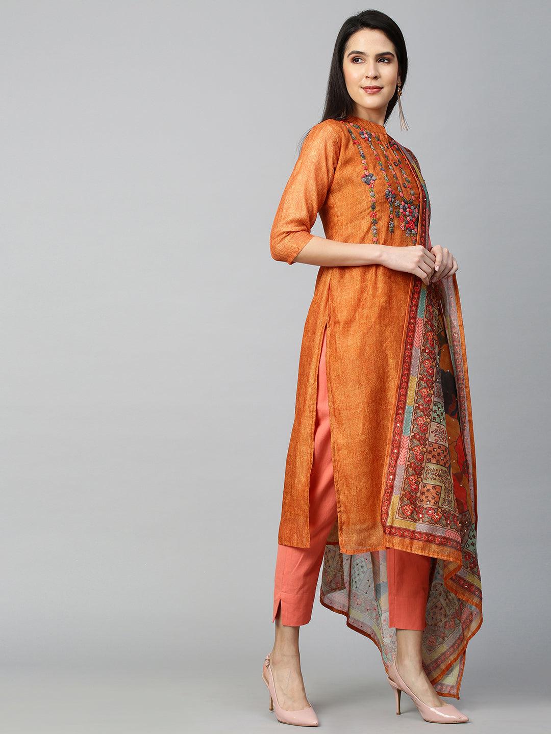 Floral Embroidered & Printed Kurta with Dupatta - Ochre Yellow - Indiakreations