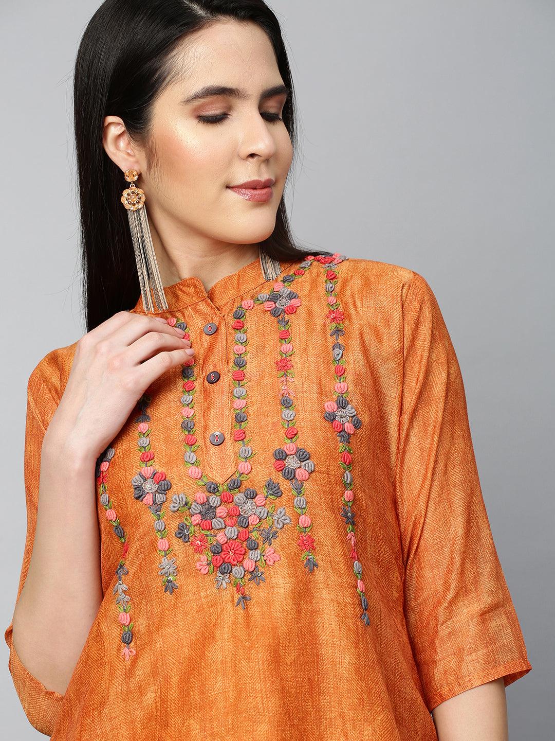 Floral Embroidered & Printed Kurta with Dupatta - Ochre Yellow - Indiakreations