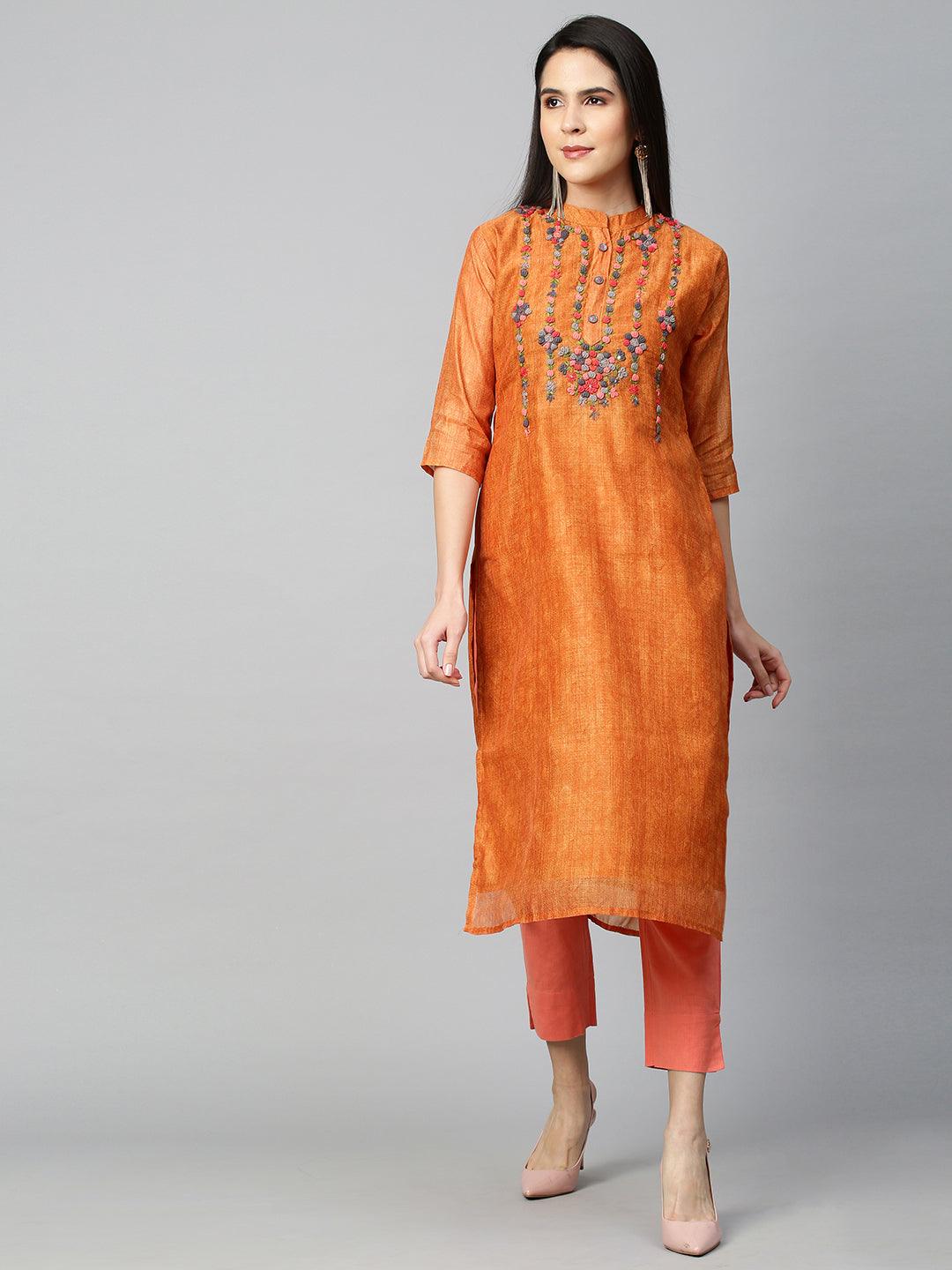 Floral Embroidered & Printed Kurta with Dupatta - Ochre Yellow - Indiakreations