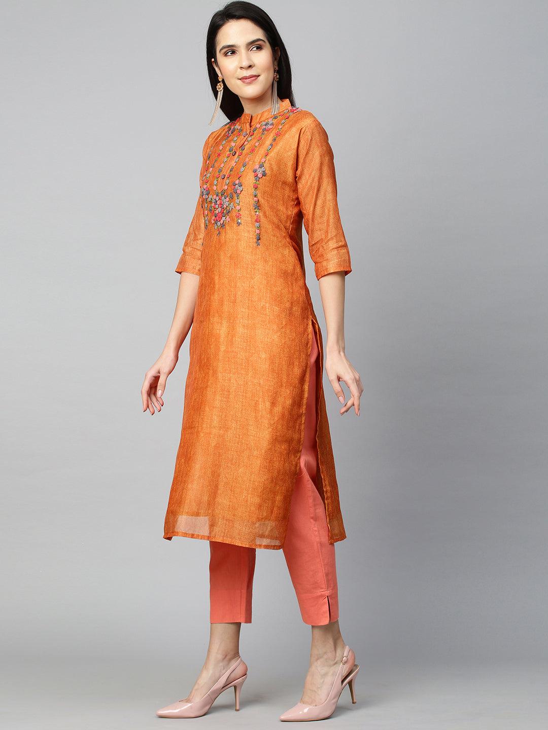 Floral Embroidered & Printed Kurta with Dupatta - Ochre Yellow - Indiakreations