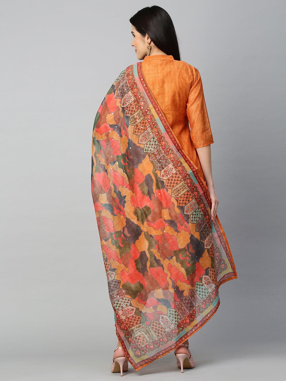 Floral Embroidered & Printed Kurta with Dupatta - Ochre Yellow - Indiakreations