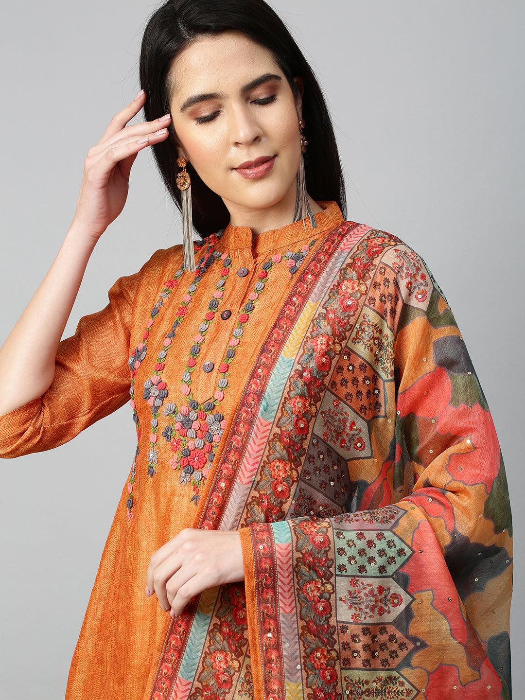 Floral Embroidered & Printed Kurta with Dupatta - Ochre Yellow - Indiakreations