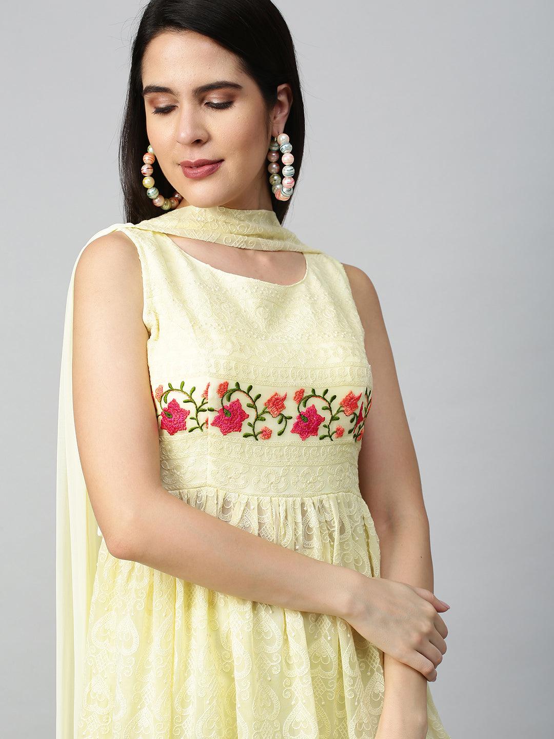 Floral Embroidered Peplum with Sharara and Dupatta - Pastel Yellow - Indiakreations