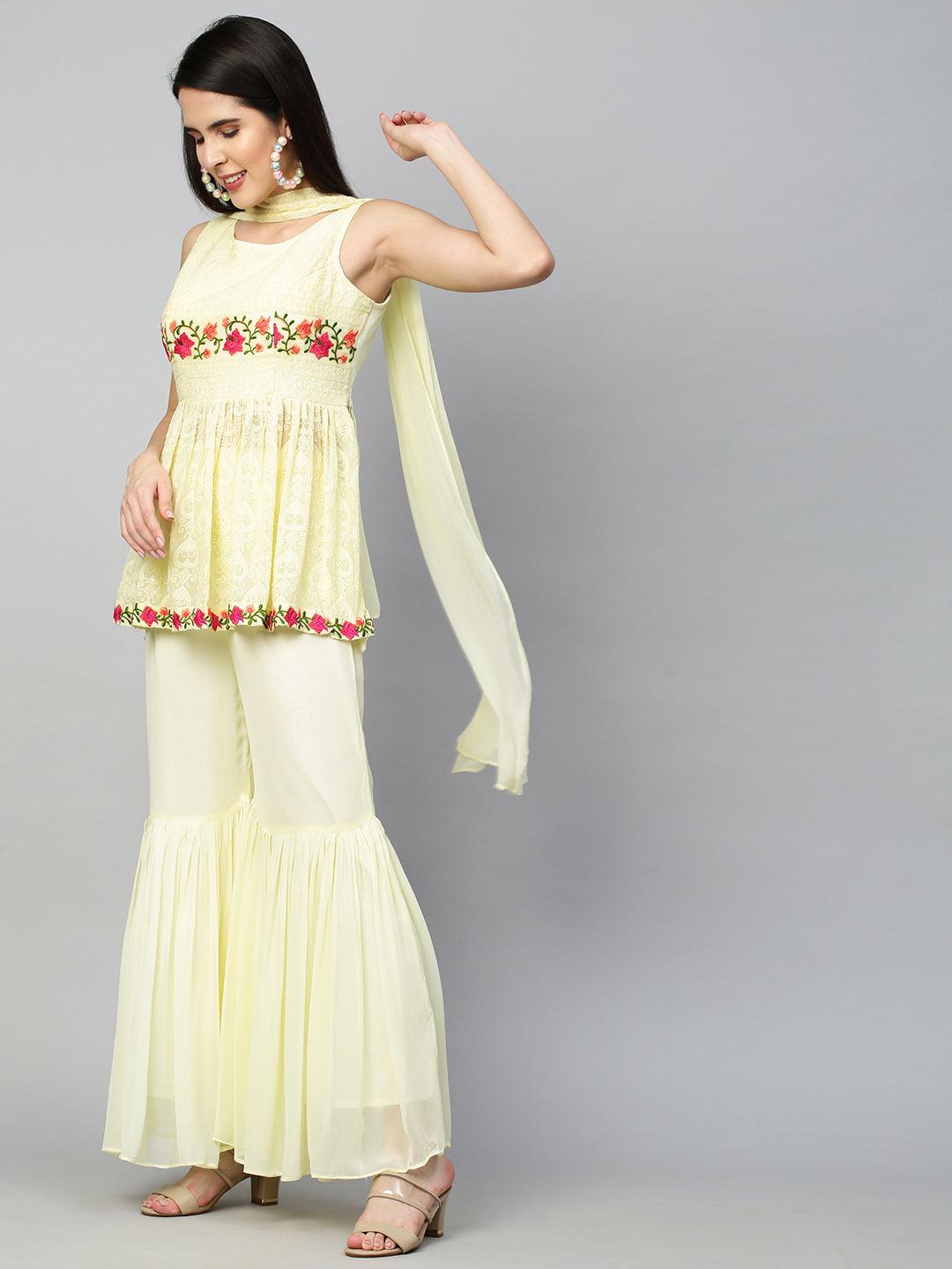 Floral Embroidered Peplum with Sharara and Dupatta - Pastel Yellow - Indiakreations