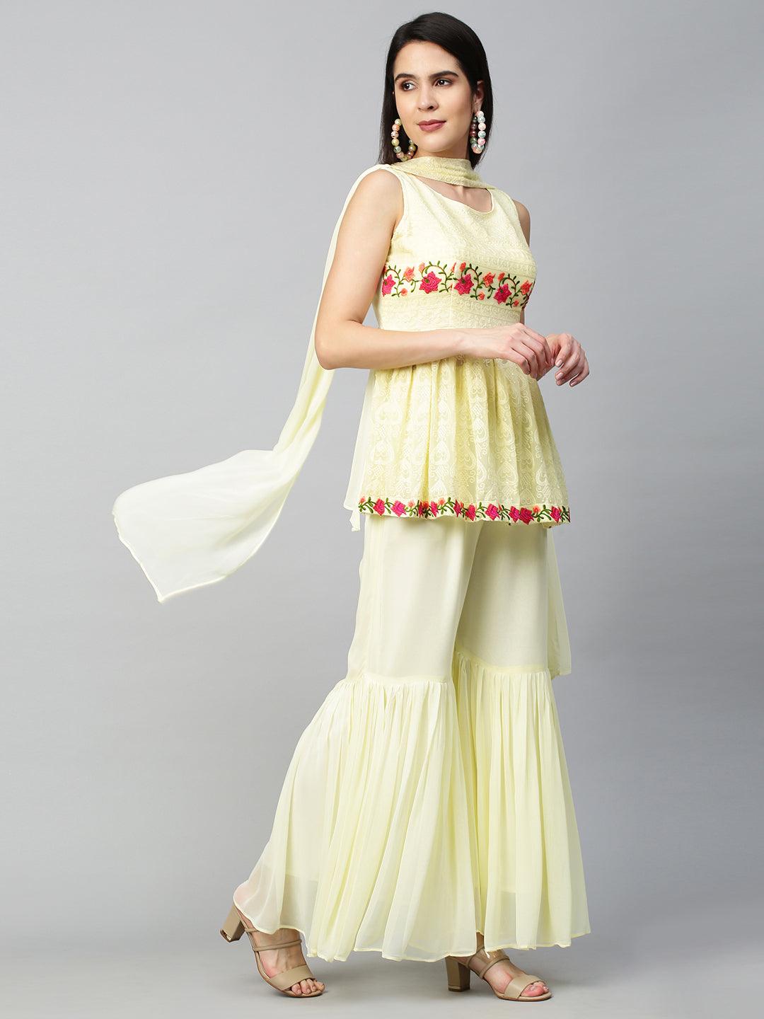 Floral Embroidered Peplum with Sharara and Dupatta - Pastel Yellow - Indiakreations