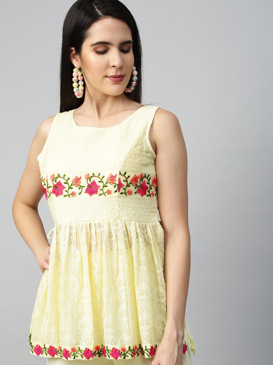 Floral Embroidered Peplum with Sharara and Dupatta - Pastel Yellow - Indiakreations