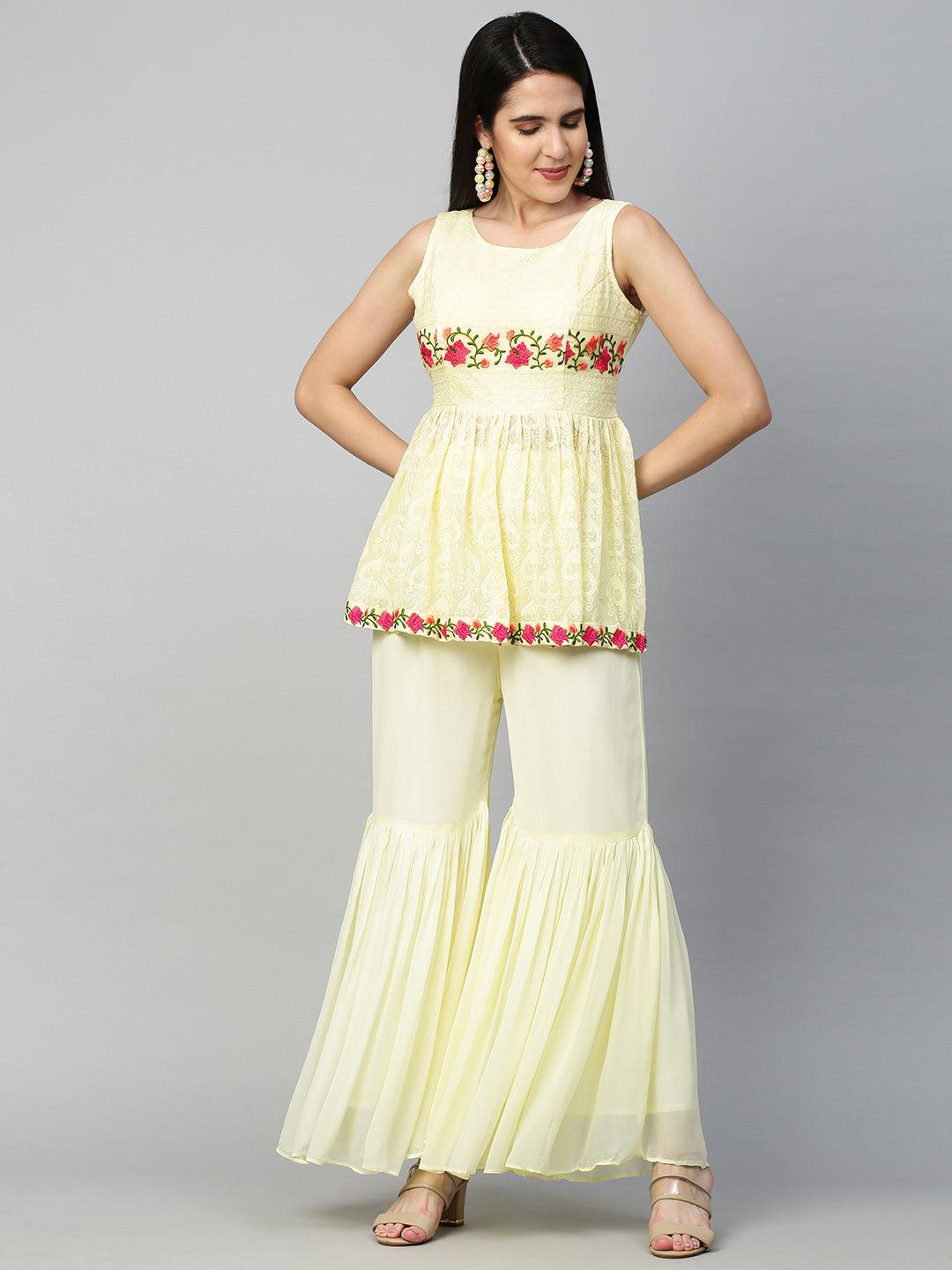 Floral Embroidered Peplum with Sharara and Dupatta - Pastel Yellow - Indiakreations