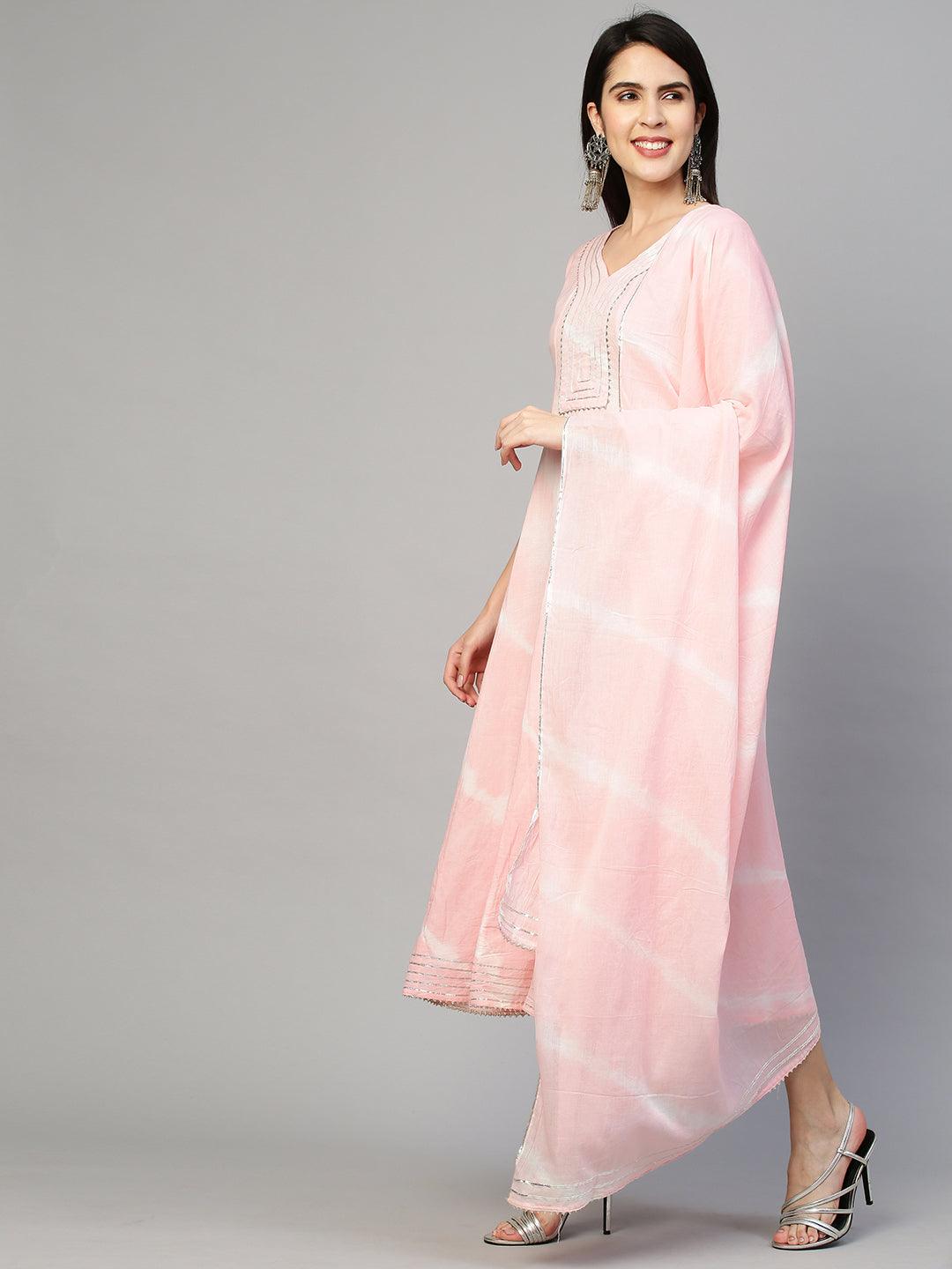 Leheriya & Gota Embroidered Dress with Dupatta - Powder Pink - Indiakreations