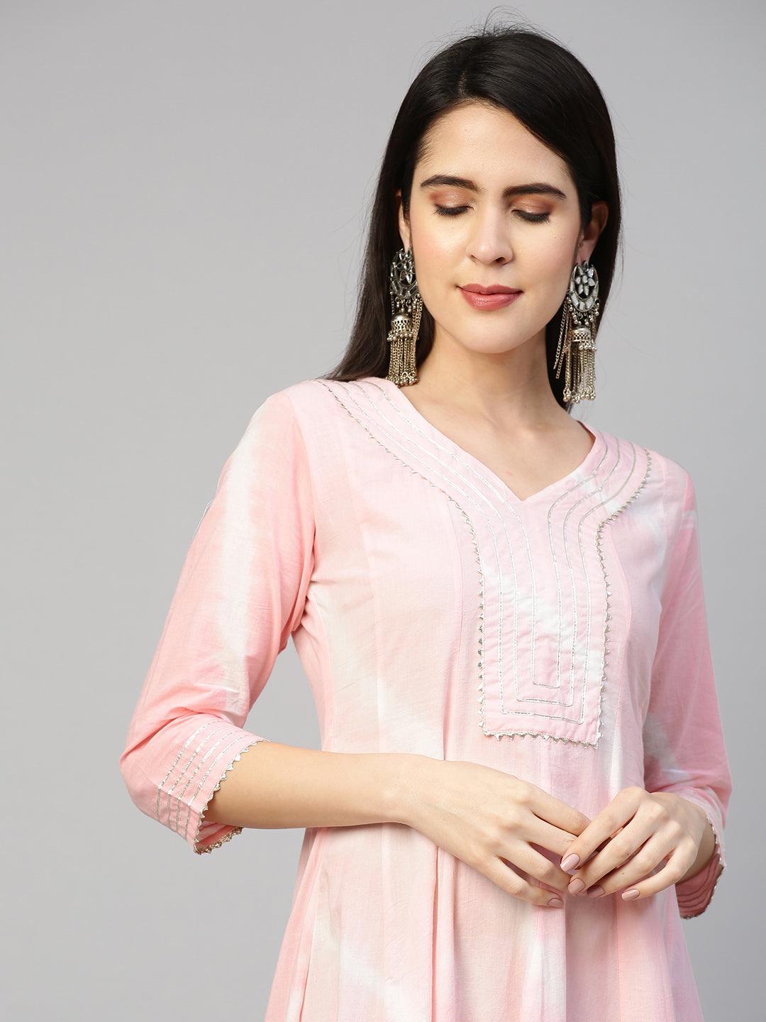 Leheriya & Gota Embroidered Dress with Dupatta - Powder Pink - Indiakreations