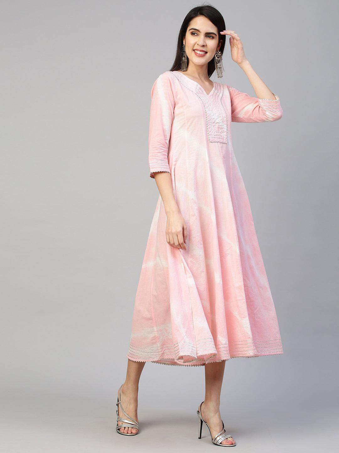 Leheriya & Gota Embroidered Dress with Dupatta - Powder Pink - Indiakreations