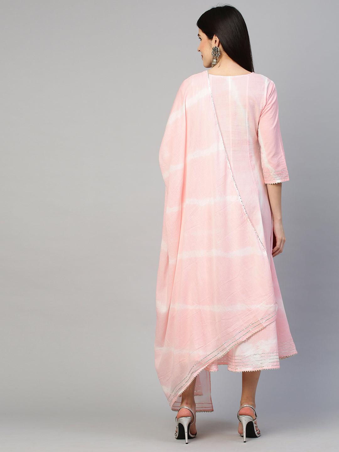 Leheriya & Gota Embroidered Dress with Dupatta - Powder Pink - Indiakreations