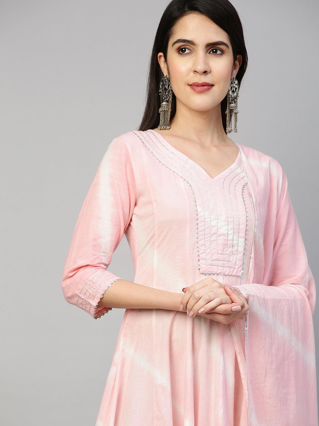 Leheriya & Gota Embroidered Dress with Dupatta - Powder Pink - Indiakreations