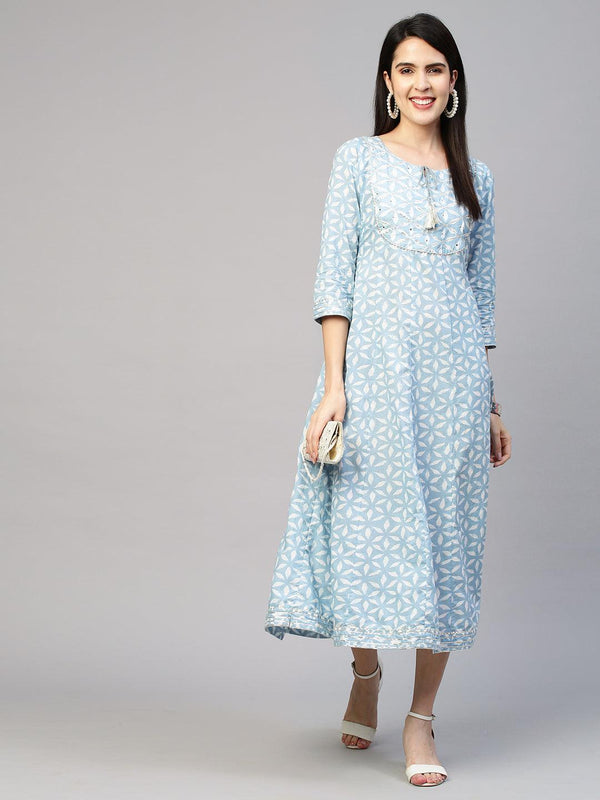 Dense Printed A-Line Dress - Powder Blue - Indiakreations