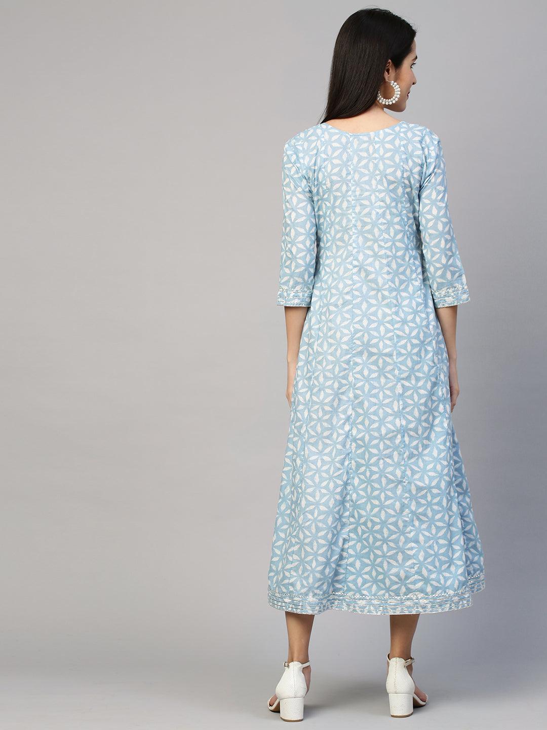 Dense Printed A-Line Dress - Powder Blue - Indiakreations