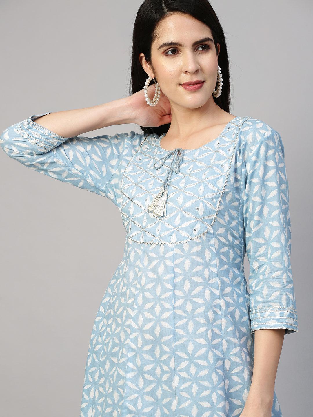 Dense Printed A-Line Dress - Powder Blue - Indiakreations