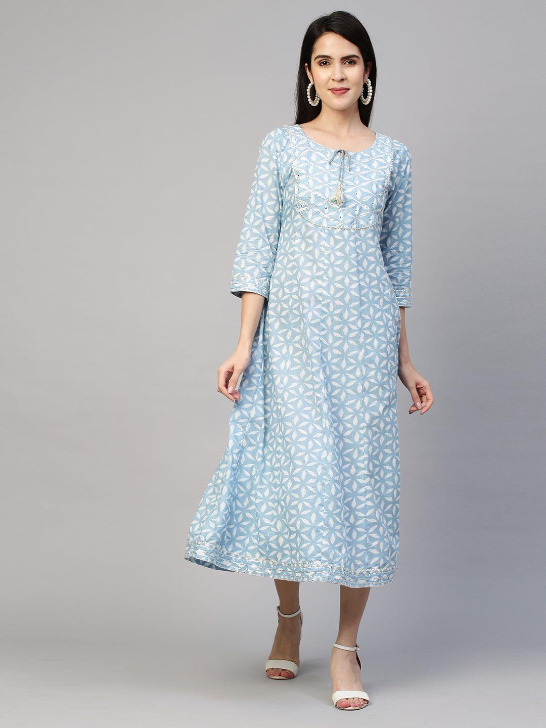 Dense Printed A-Line Dress - Powder Blue - Indiakreations