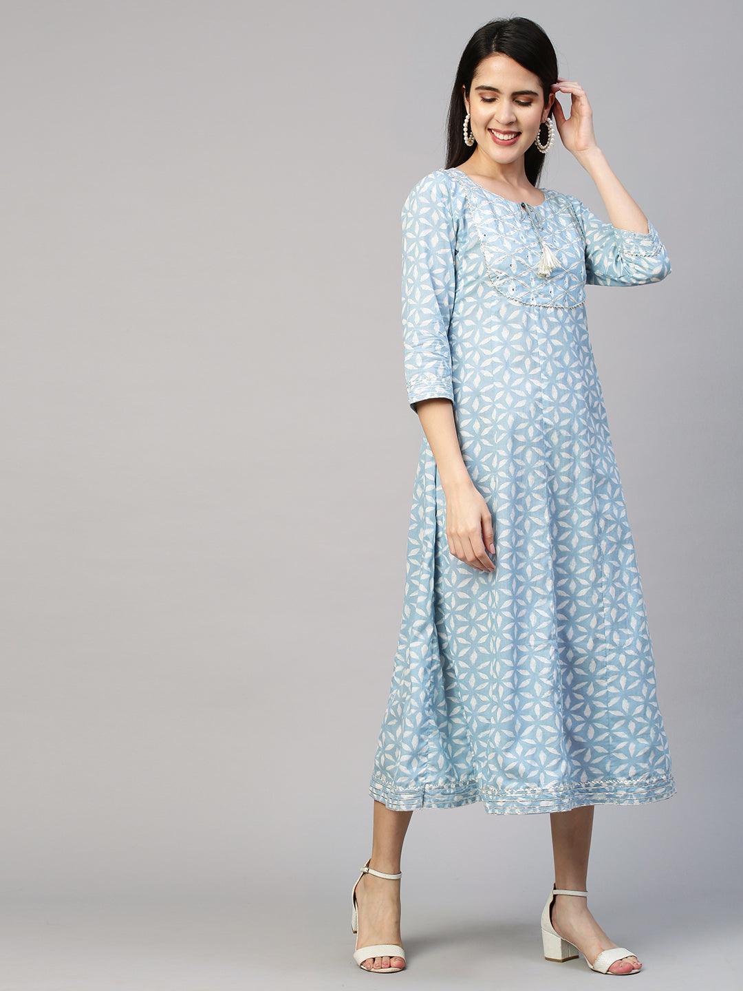 Dense Printed A-Line Dress - Powder Blue - Indiakreations