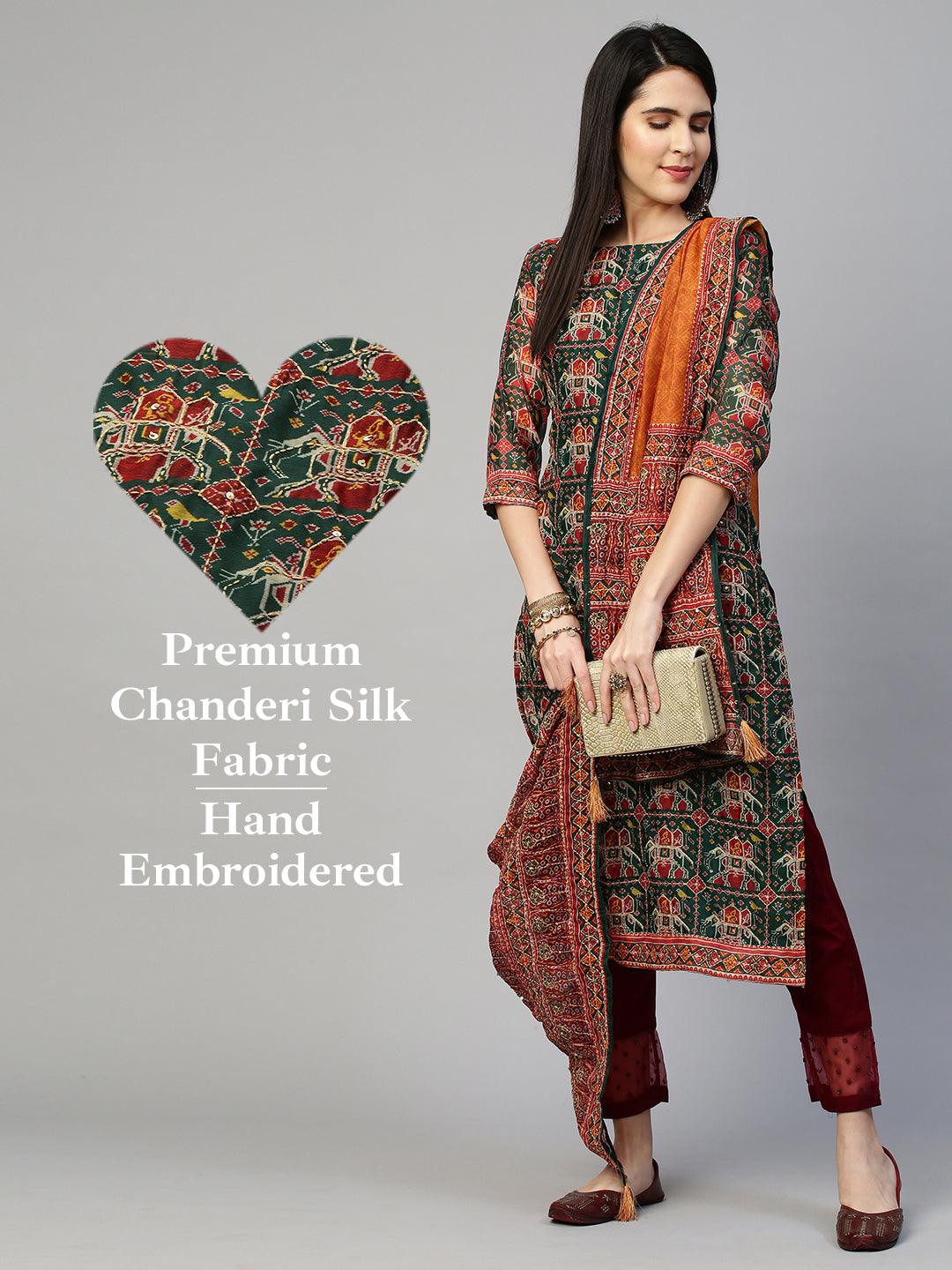 Kantha Embroidered Kurta with Traditional Printed Dupatta - Bottle Green - Indiakreations