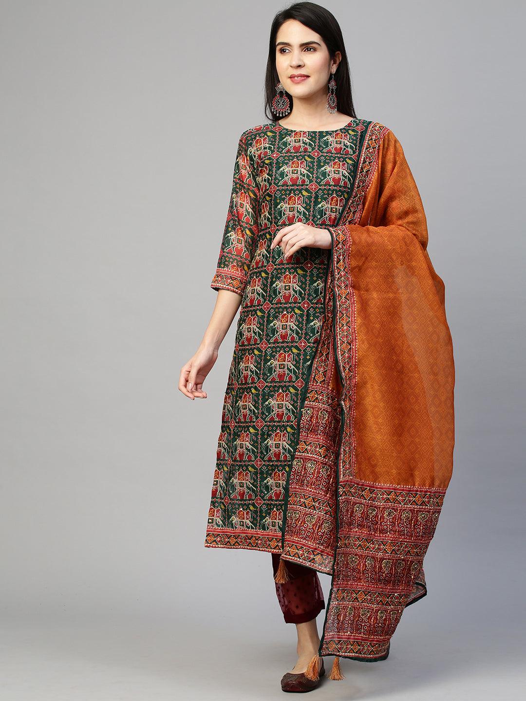 Kantha Embroidered Kurta with Traditional Printed Dupatta - Bottle Green - Indiakreations