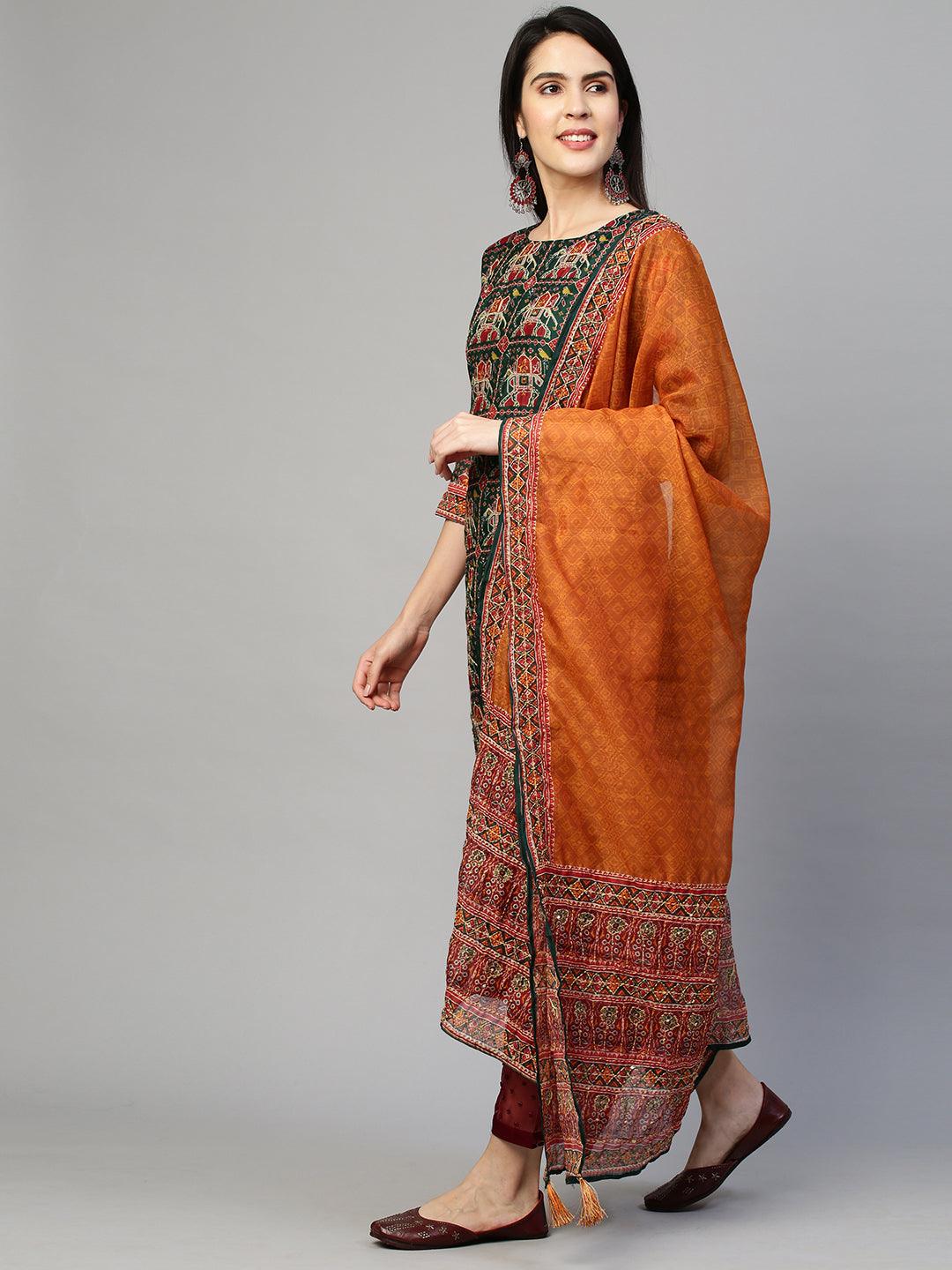 Kantha Embroidered Kurta with Traditional Printed Dupatta - Bottle Green - Indiakreations