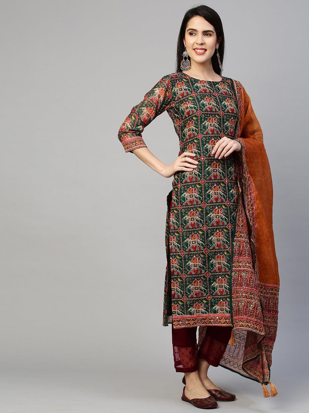 Kantha Embroidered Kurta with Traditional Printed Dupatta - Bottle Green - Indiakreations