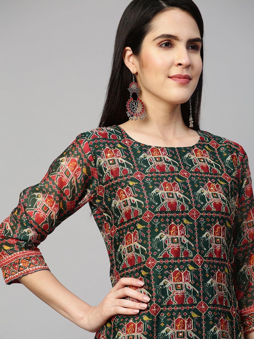 Kantha Embroidered Kurta with Traditional Printed Dupatta - Bottle Green - Indiakreations