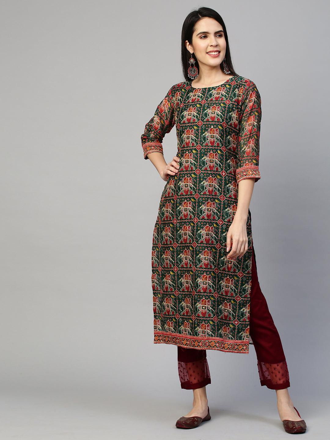 Kantha Embroidered Kurta with Traditional Printed Dupatta - Bottle Green - Indiakreations