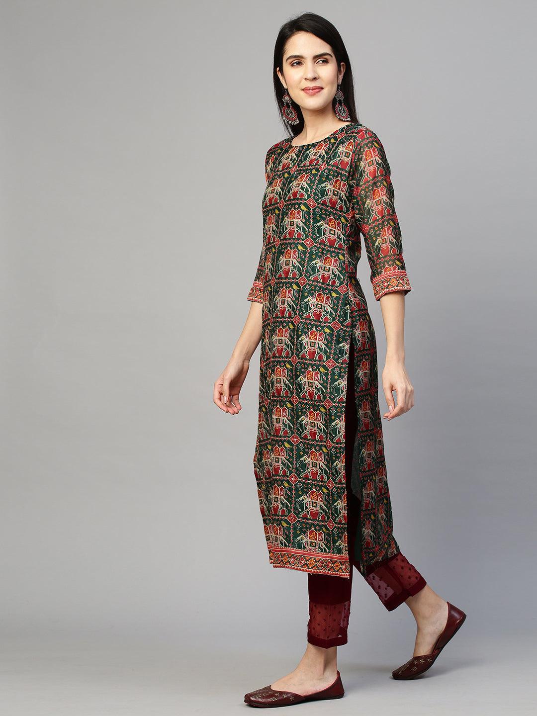 Kantha Embroidered Kurta with Traditional Printed Dupatta - Bottle Green - Indiakreations