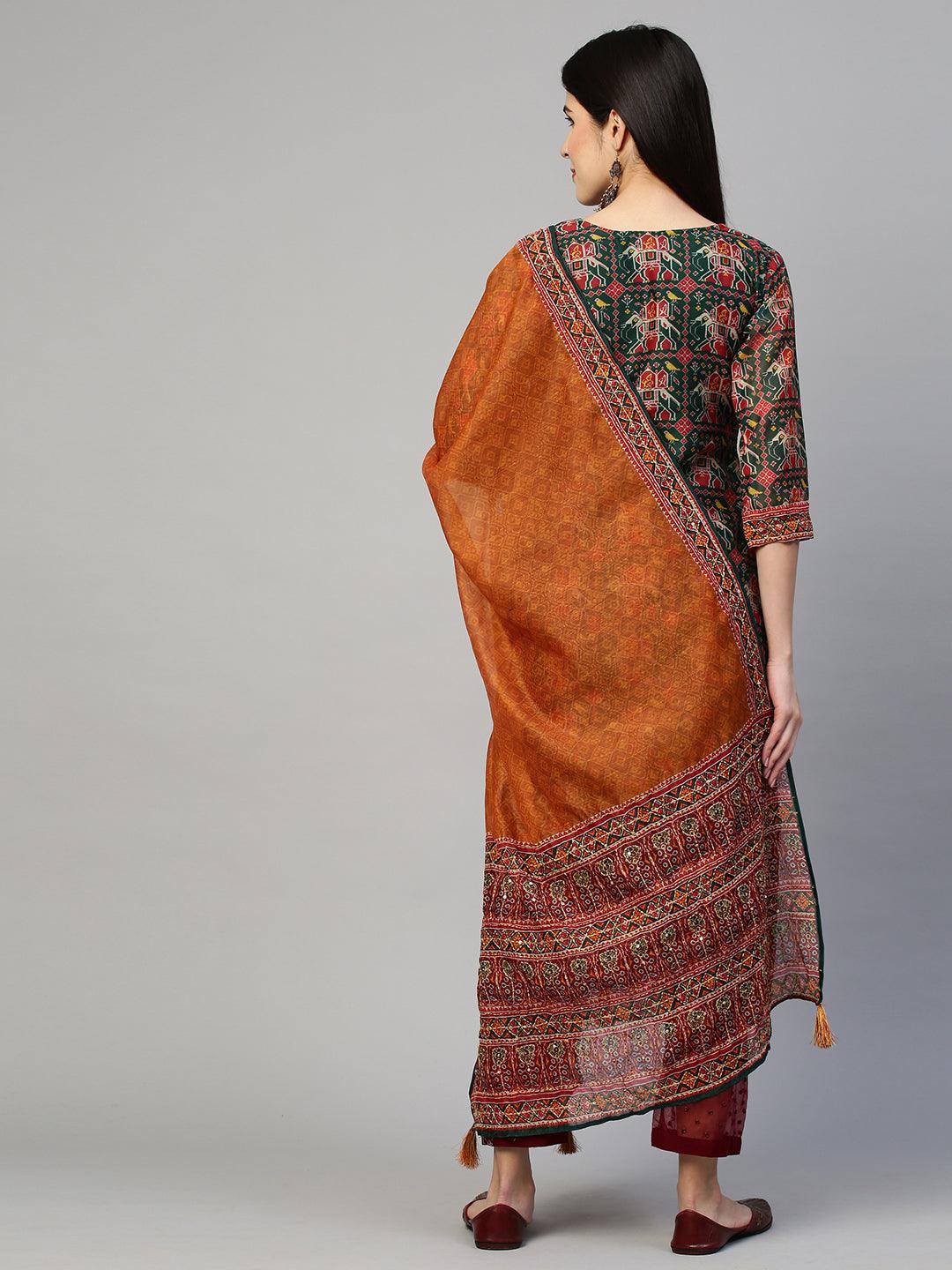 Kantha Embroidered Kurta with Traditional Printed Dupatta - Bottle Green - Indiakreations