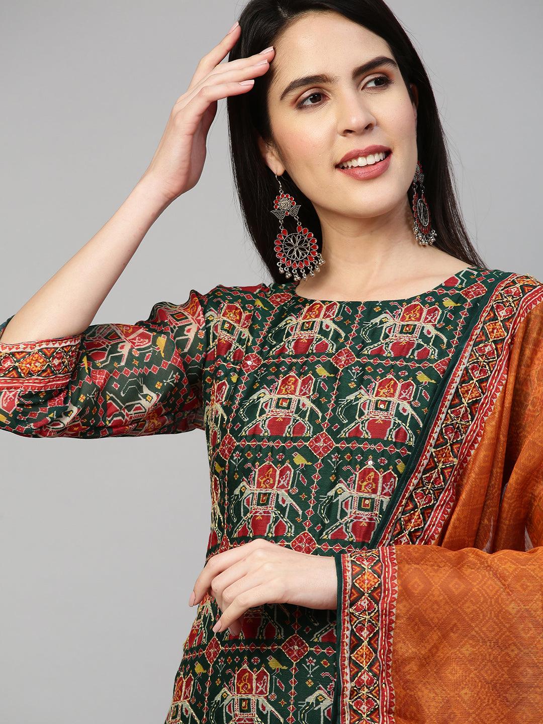 Kantha Embroidered Kurta with Traditional Printed Dupatta - Bottle Green - Indiakreations