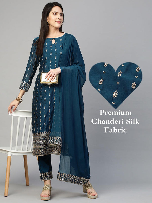 Festive Embroidered Kurta and Pant with Dupatta - Teal Blue - Indiakreations