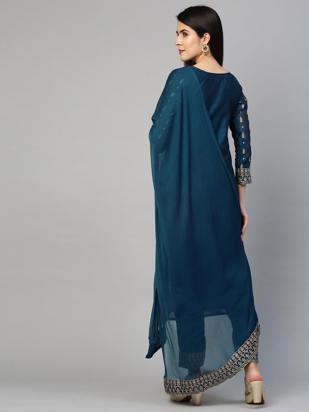 Festive Embroidered Kurta and Pant with Dupatta - Teal Blue - Indiakreations